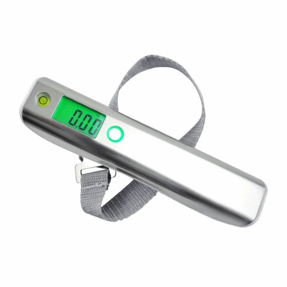 Digitale Gepäckwaage mit Hintergrundbeleuchtung, LCD-Display, Edelstahlabdeckung, Tara-Funktion, Reise-Gepäckwaage, hohe Präzision