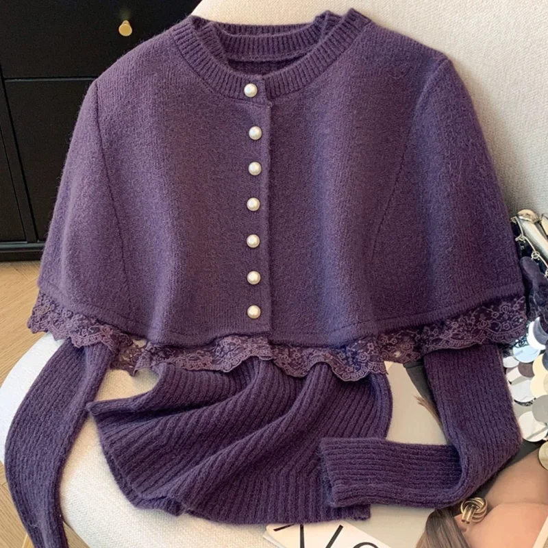 Autumn and Winter New Korean Temperament Knitted Two-piece Set Gentle Style Foreign Style Versatile Retro Sweater Women Cape Set