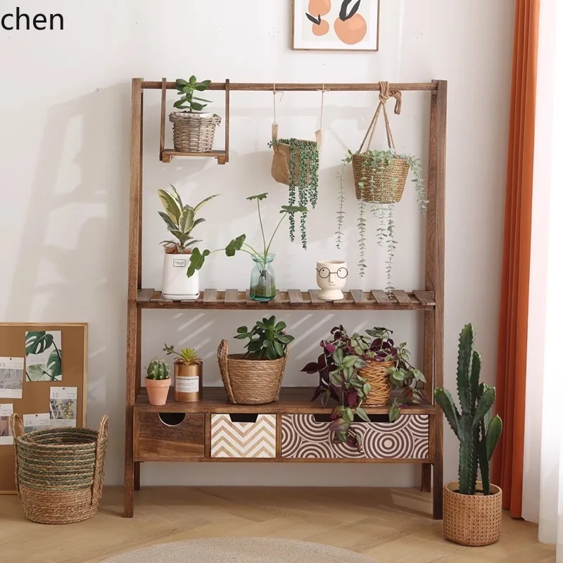 floor-to-ceiling solid wood flower rack, wooden green plant multi-functional moisture-proof shelf