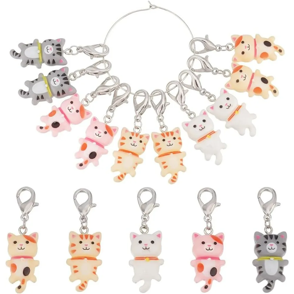 10Pcs 5 Styles Cat Pendant Decorations with Clasp Stitch Marker Charm Clip on Charms Locking Stitch Marker for Knitting Weaving