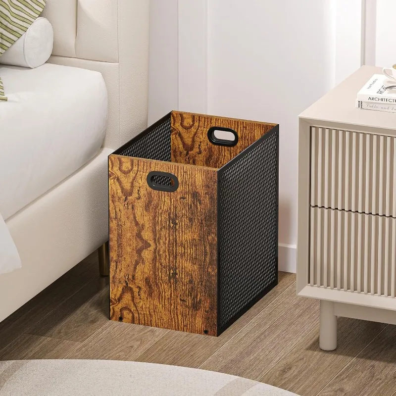 

Retro steel and wood trash can, iron environmentally friendly wooden trash can, rectangular design trash basket, plastic handle