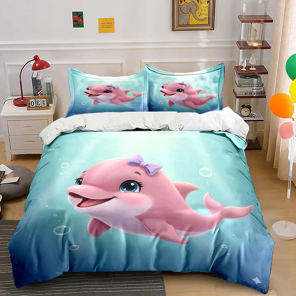 

Pink dolphin with purple bow Print Soft Comfortable Duvet Cover Bedding Set Included 1*Duvet Cover 2*Pillowcases Luxury gifts