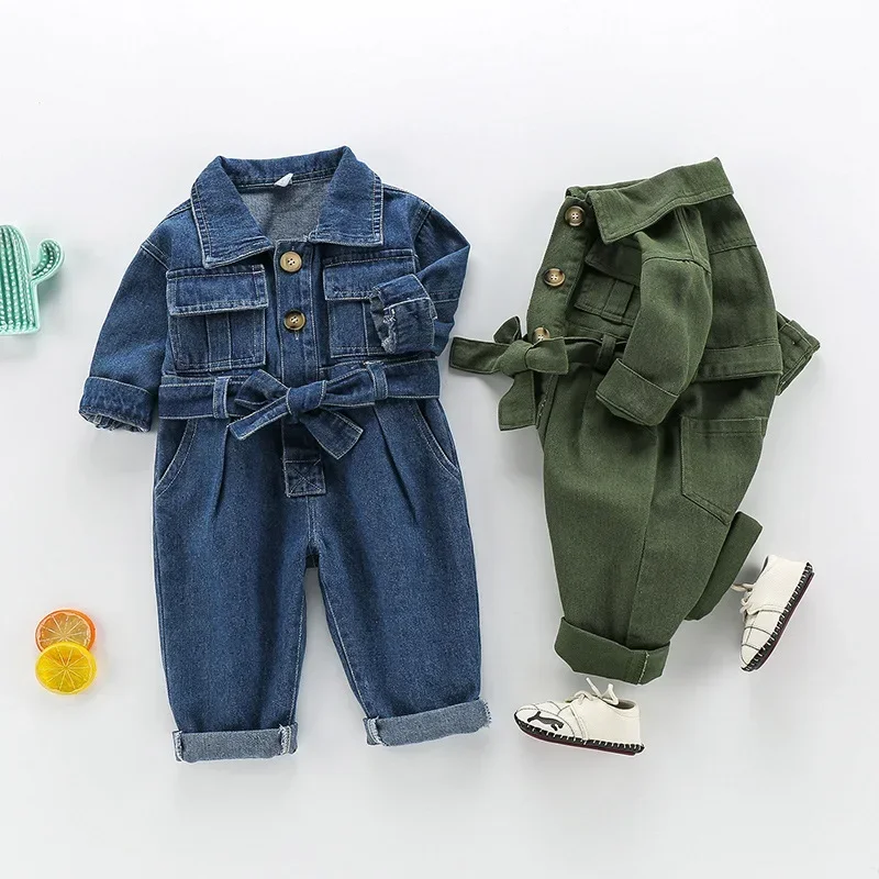 2024 Spring Kids Denim Jumpsuits Baby Long Sleeve Overalls Children Fashion Jeans Loose Trousers Korean Baby Boys Girls Outfit