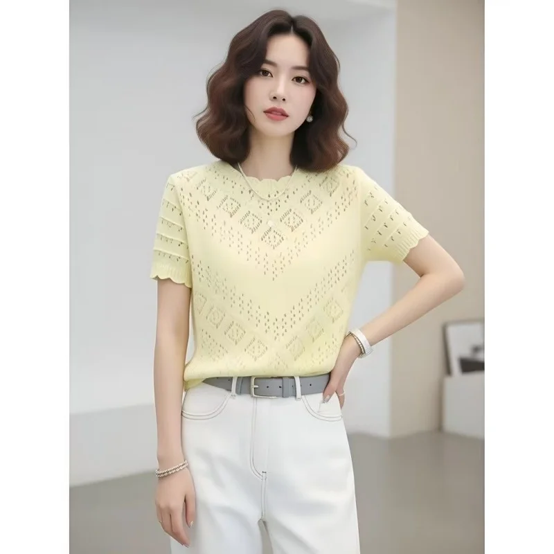 

2026 New Hollow out Knitted ort Sve T irt Women Summer Loose Versatile round Ne Thin Top Korean Sle Breathable