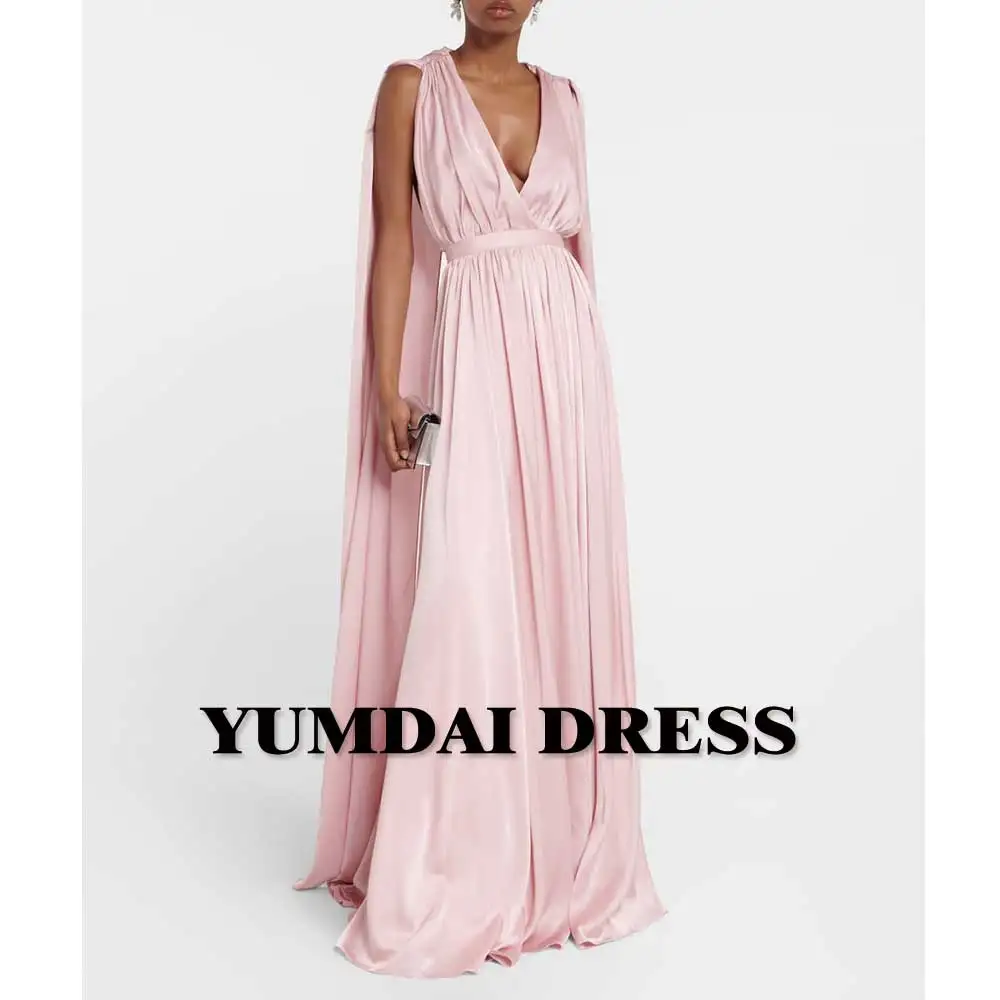 

YUMDI Pink Satin Cape Long V-neck Dress Sexy Halter Wedding Bridesmaid Dress Garden Party Elegant Evening Gowns