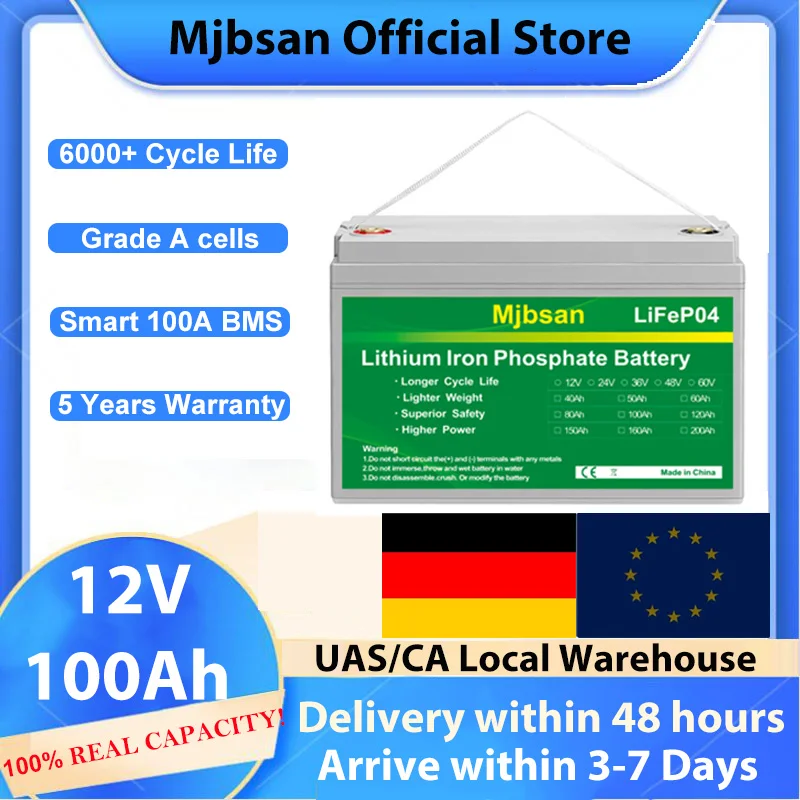 Mjbsan LifePO4 Battery 100Ah 12V Deep Cycle Lithium 1280WH With Bluetooth BMS for solar Golf Cart RV fishing camp Off-Grid