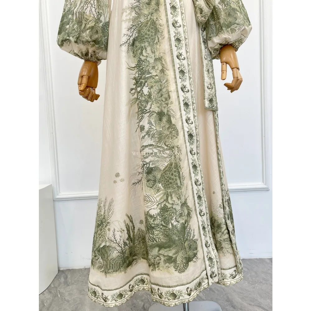 فستان متوسط الطول بأكمام طويلة مطبوع بنمط نباتي أبيض وأخضر من القطن عالي الجودة #5