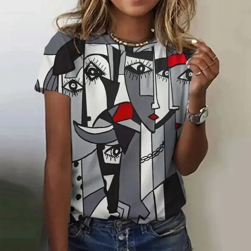 ピカソ抽象 3D 絵画ヴィンテージエレガントな女性の Tシャツ半袖ファッショントレンド Tシャツカジュアルスタイル婦人服