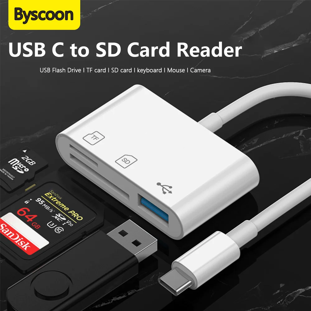 Byscoon USB C to SD Card Reader Adapter with MicroSD USB Memory Card Reader for iPhone 15 16 iPad MacBook Pro/Air Type C Devices