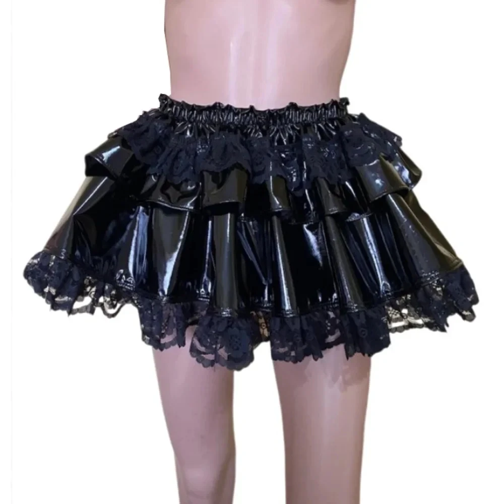 

Black PVC Short Skirt with Double-layer Pleated Lace Inlay and Elastic Waistline Available in Multiple Colors