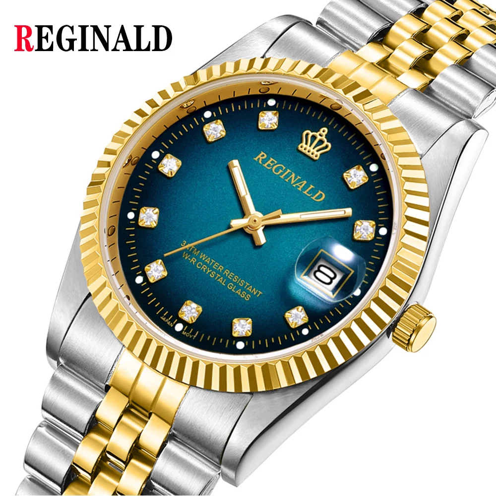 

REGINALD Mens Gold Watch Women Blue Red Unisex Size Steel Quartz Diamond Dial Silver Steel Date Wrist Watches Reloj Relogio 36mm