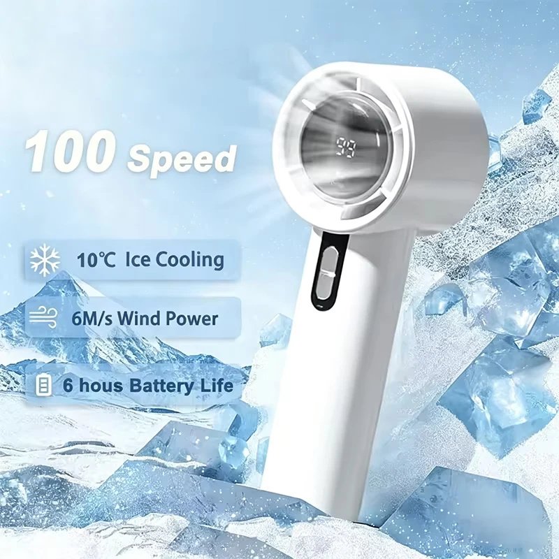 Ventilador Portátil de Mão com 100 Velocidades, Carregamento USB, Mini Ventilador Turbo Violento para Uso Externo, Sensor de Gelo, Canhão de Vento para Casa e Escritório
