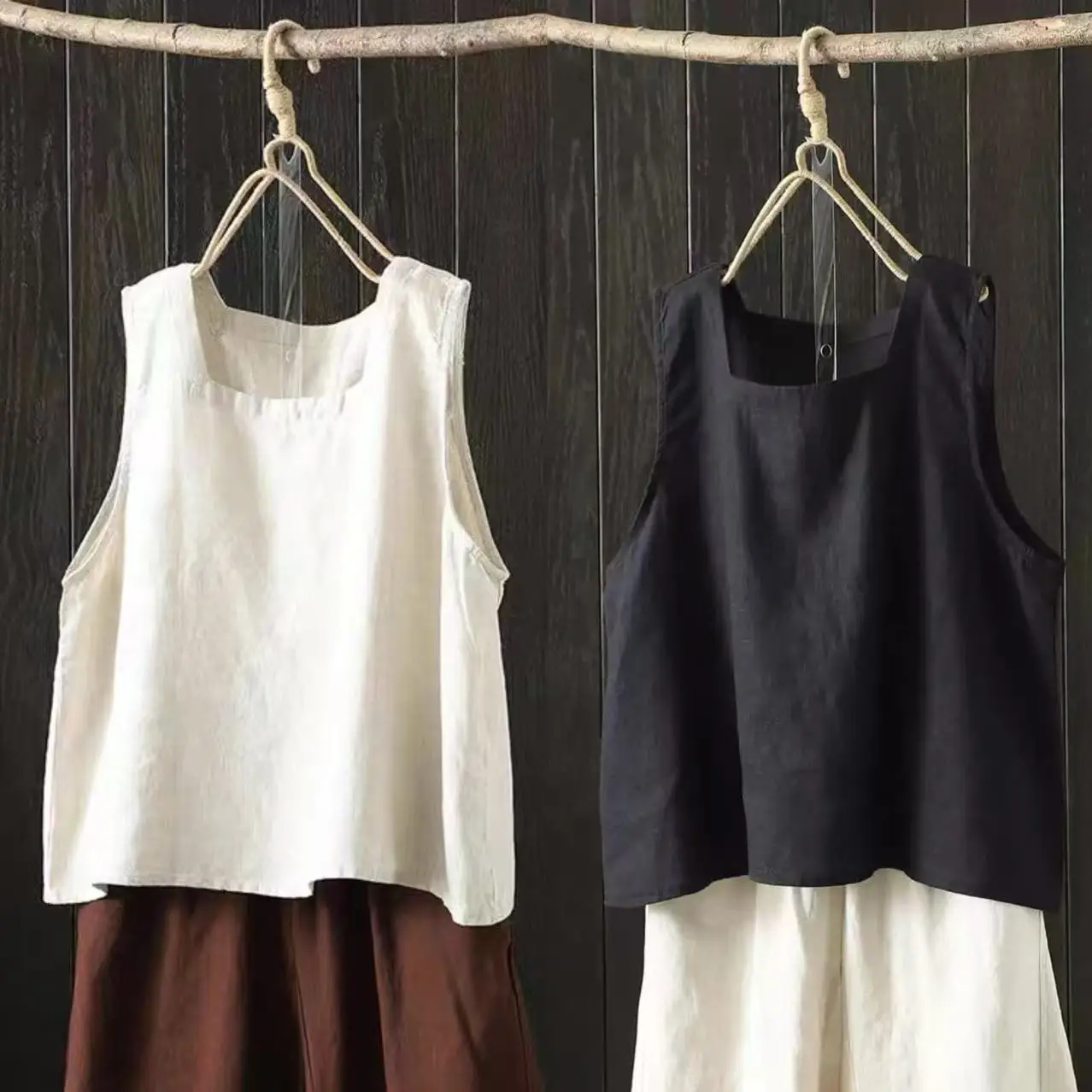 Summer New Cotton Linen Square Collar Strap Vest Women's plus Size Loose Svel Top Inner Wear Outer Wear Base irt