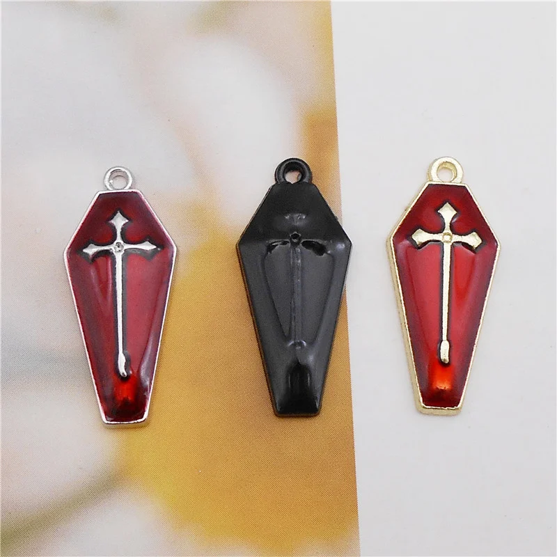 Julie Wang 6PCS Enamel Cross Coffin Charms Halloween Cartoon Vampire Alloy Pendants Necklace Bracelet Jewelry Making Accessory