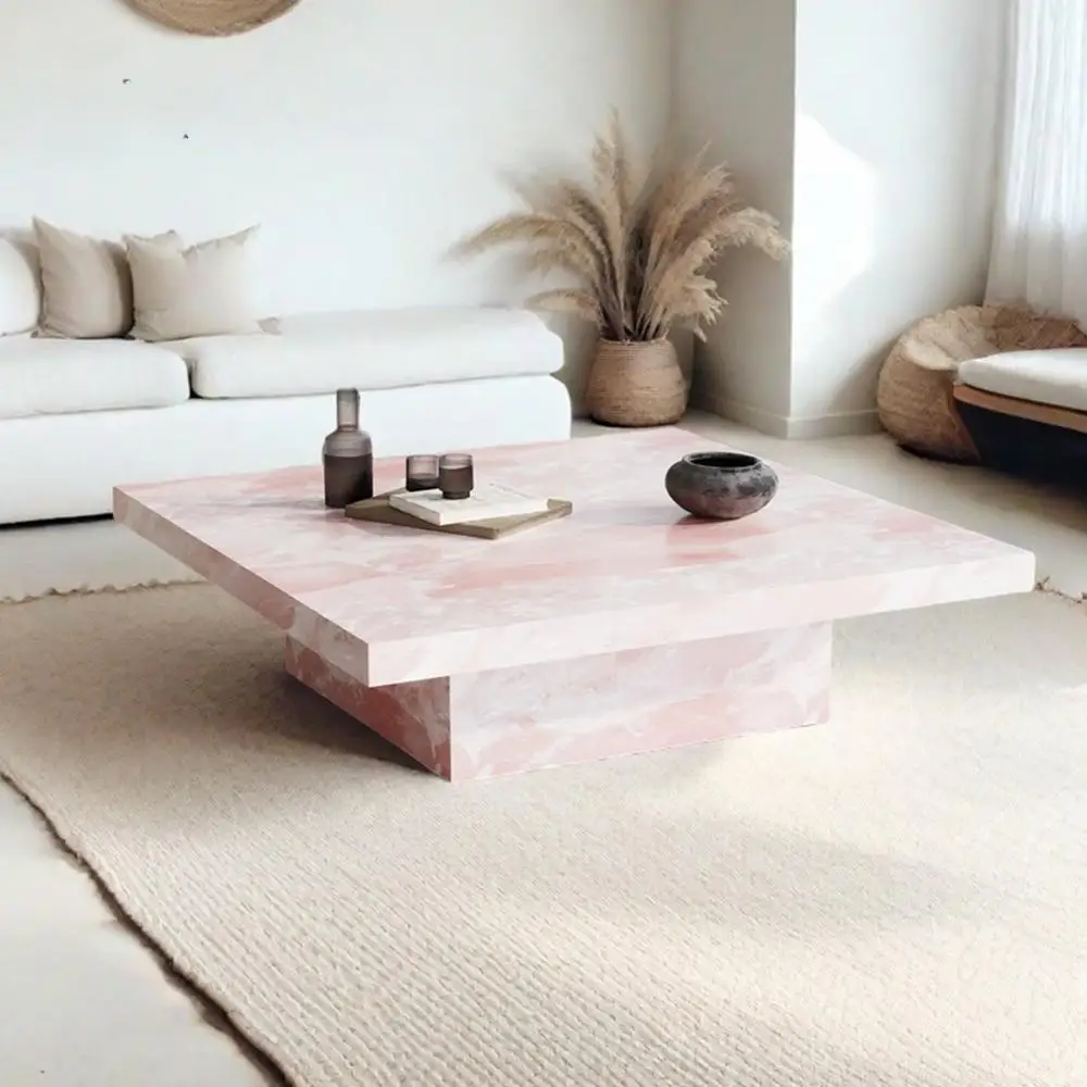 "Pink Jade Marble Coffee Table - Luxury Stone Square Tea Table,