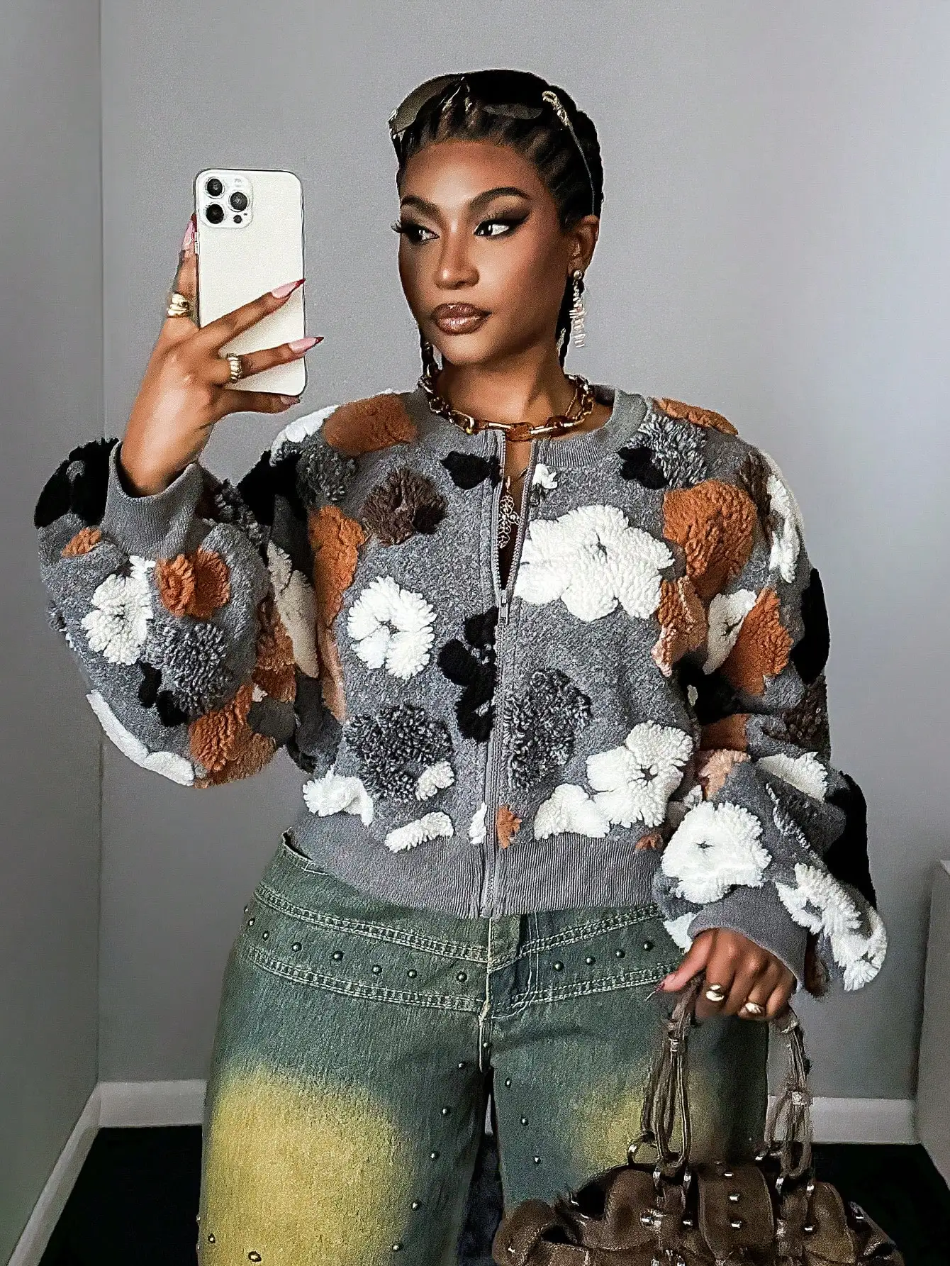 

Куртка на молнии с текстурным цветочным узором и пышными рукавами для полных женщин, для повседневной носки осенью и зимой