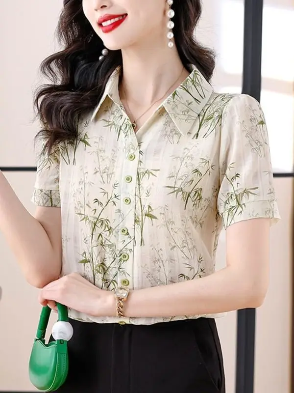 

Summer New Polo Collar Floral Chiffon Blouse