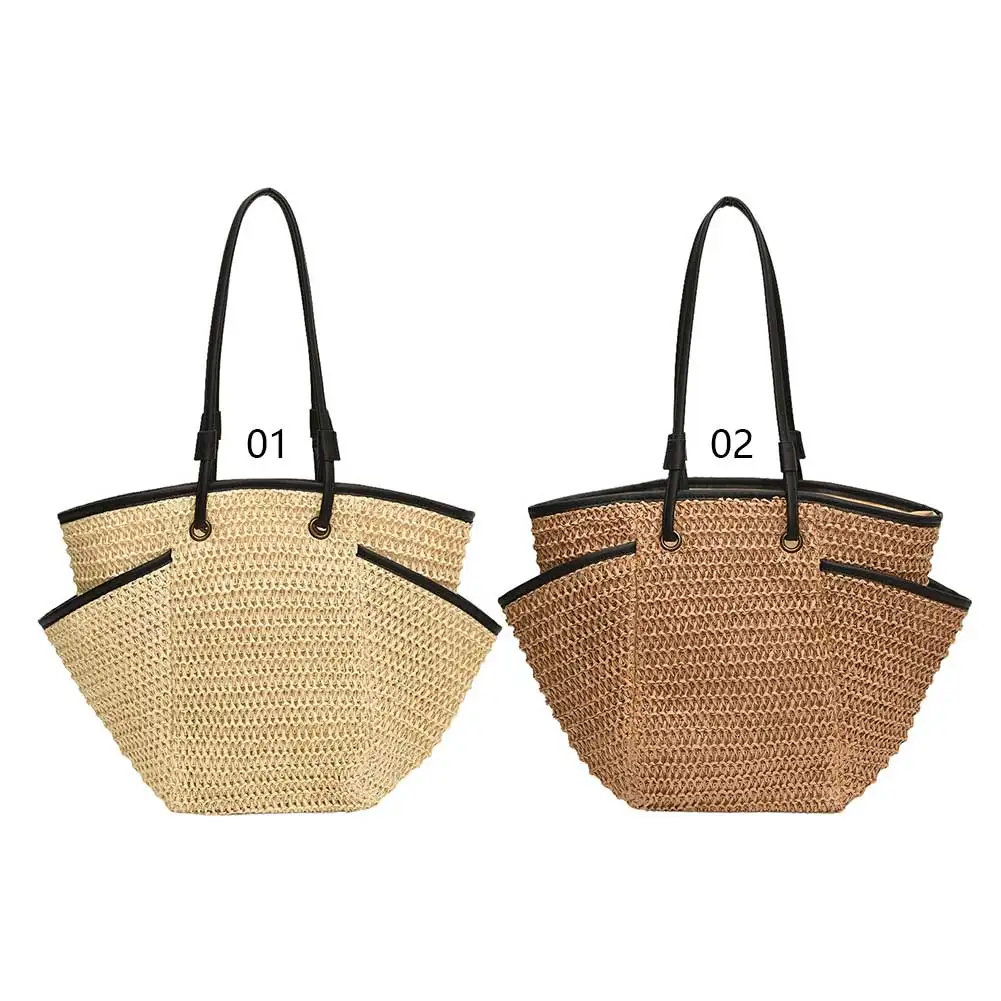 Sac fourre-tout en paille tissé pour femmes, sacs de plage d'été, sac à main tissé de grande capacité, multi-poches pour les voyages et le shopping, mode