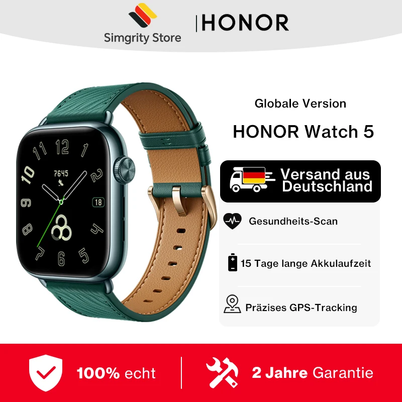 Global Version HONOR Watch 5 Smartwatch Precieze GPS Tracking Quick Health Scan 1.85-inch groot scherm GPS Ondersteund IP68
