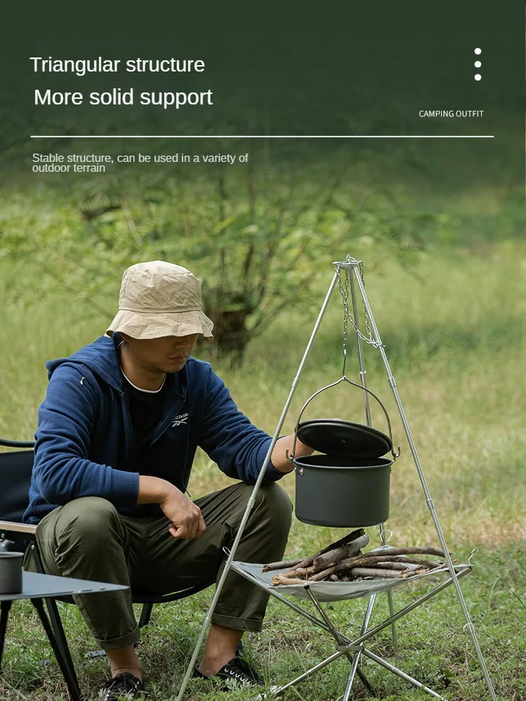 Camping Bonfire Tripod Portable Triangle Support Camping Bonfire Frame Picnic Campfire Cooking Pot Hanging Chain Support Rack