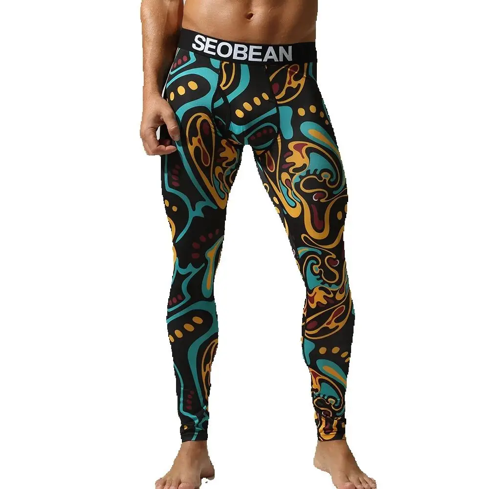Men's Thermal Underwear Bottoms Quick-Dry Low-Waist Tight Leggings Stylish Printed Compression Base Layer Pants for Men Leggings