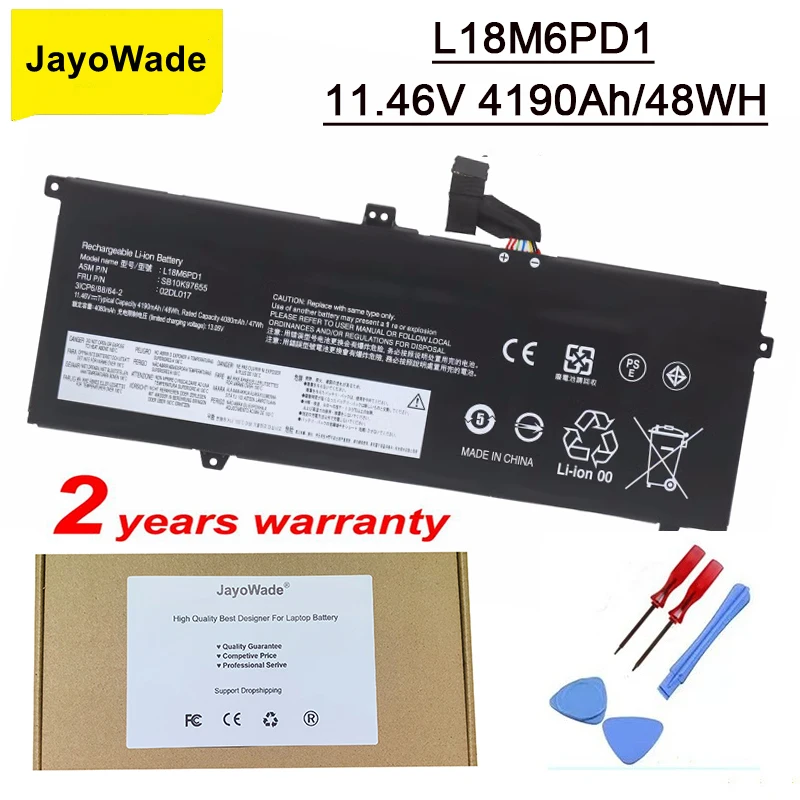 

JayoWade New L18M6PD1 Laptop Battery for Lenovo ThinkPad X390 X395 X13 1st Gen L18C6PD1 L18L6PD1 02DL017 SB10K97655 02DL018 48WH