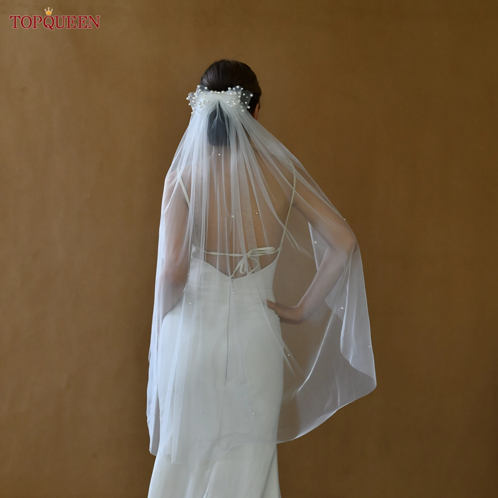 

TOPQUEEN Элегантная свадебная фата-бабочка с жемчугом, 1-слойный дизайн, поставляется с расческой, свадебные аксессуары, настраиваемые M39