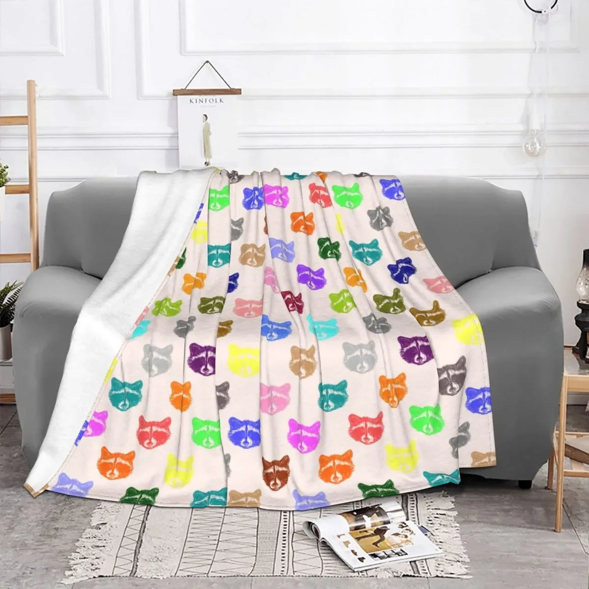 

Colorful Raccoon Cartoon Cute Blankets Fleece Print Portable Super Warm Throw Blankets for Sofa Travel Quilt