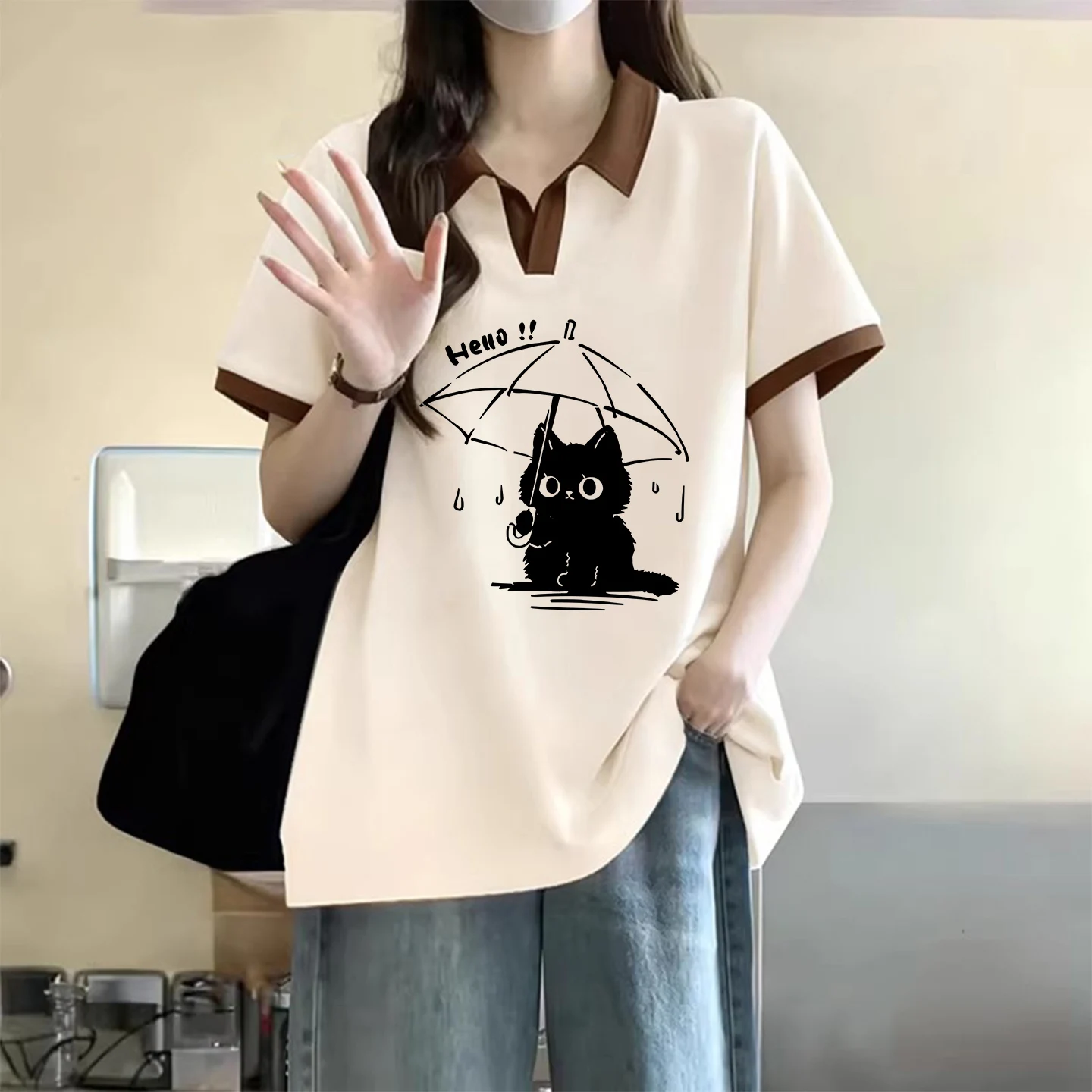 Retro American  Neck Short Sleeve T-Shirt Women Summer Loose Oversize Belly Concealing Slimming Color Block Collar Top