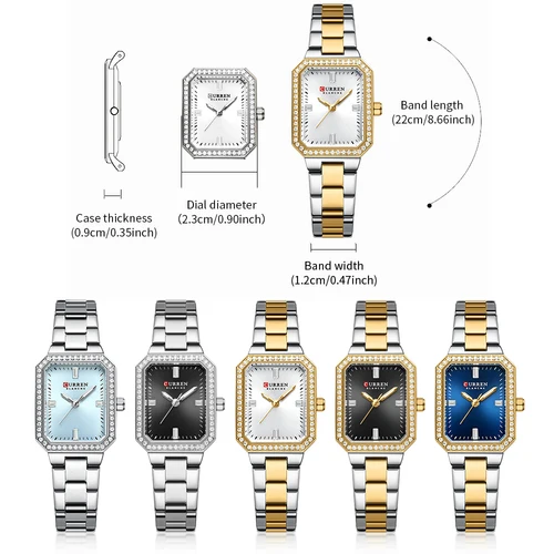 Imagen 2 del producto Relojes CURREN lujosos y elegantes para mujer, esfera rectangular clásica con diamantes de imitación, manecillas luminosas, resistentes al agua