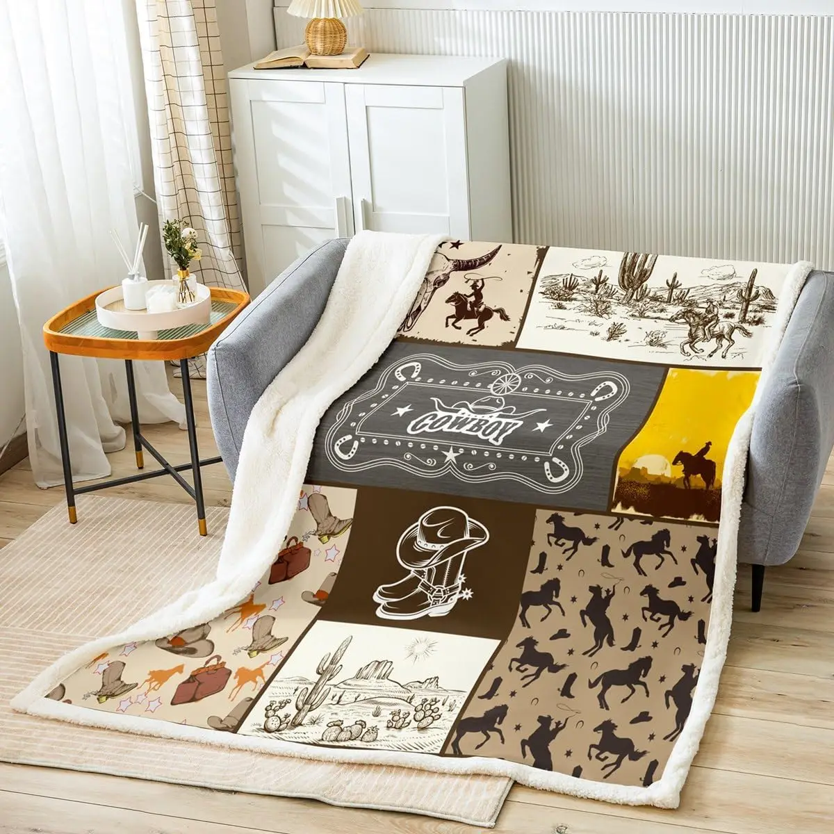 

Western Cowboy Kids Throw Blanket Rustic Fleece Blanket with Cow Skull Cactus Boots Horseshoe Design Brown Retro Fuzzy x Inches