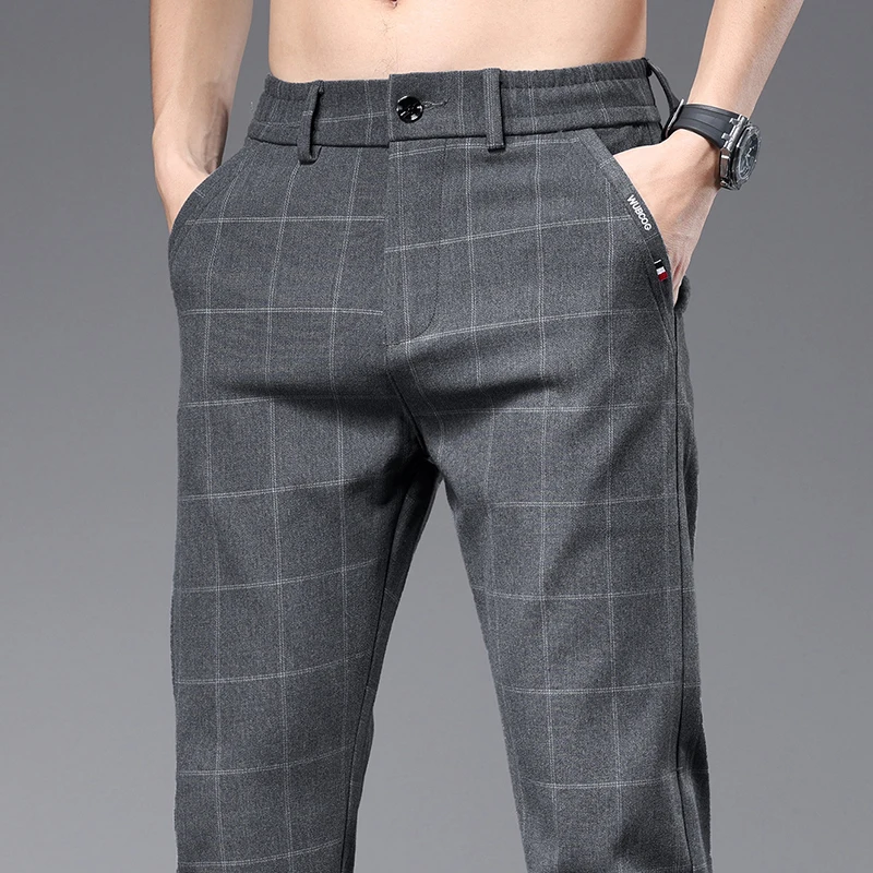 Clothing 2024 Spring Summer Plaid Work Stretch Pants Men Business Fashion Slim Grey Blue Party Casual Pant Trousers Male