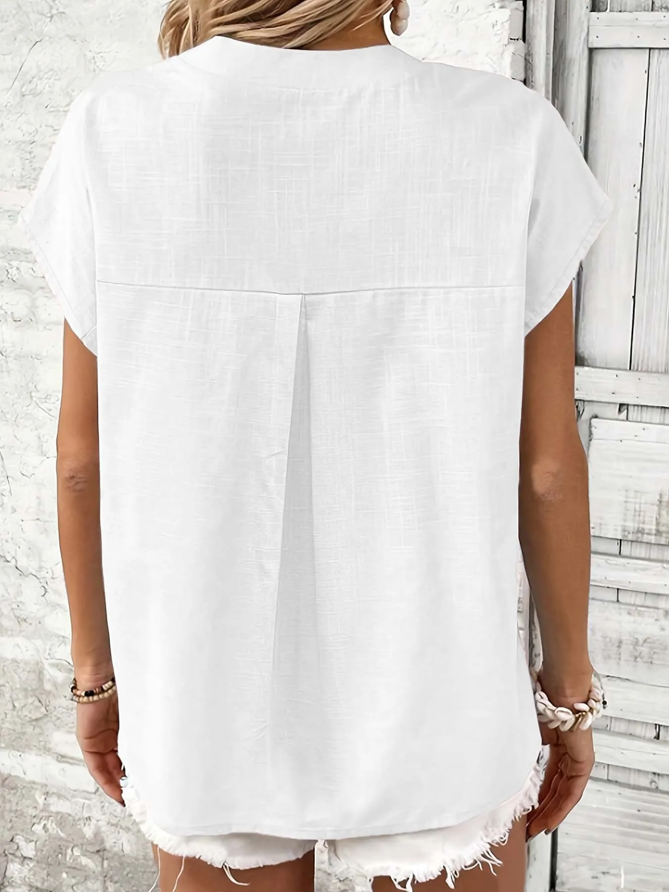 Damen 2026 Neue Vintage Baumwoll-Leinen-Bluse – V-Ausschnitt Kurzarm Einfarbige Bluse, Lässiges Retro-Oberteil – Detail 7