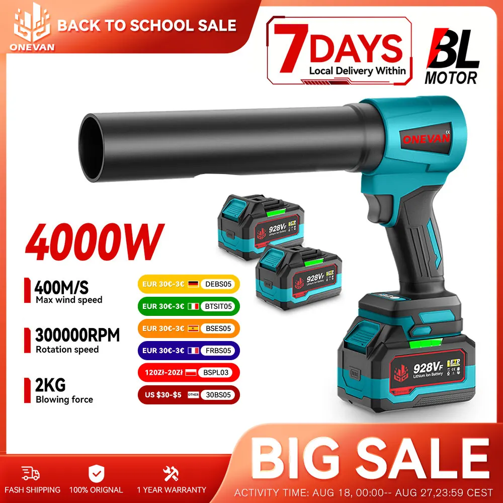 ONEVAN 4000W Brushless 300000RPM Elettrico Turbo Ventilatore Jet Ventilatore Leggero Foglie Ventilatore Prato Cortile pulizia Per Makita Batteria Spille