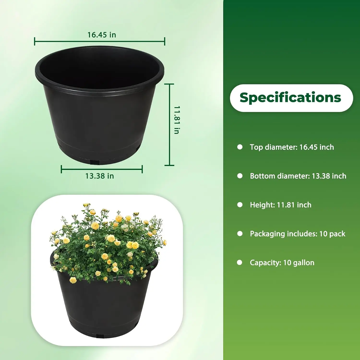 Plant Pots Flower Pot 10-Pack 10 Gallon Planter Nursery Pot Garden Seedling Planters Containers Plastic Injection Molded Pots with Drainage Holes for Outdoor Indoor Plants Vegetables, Black