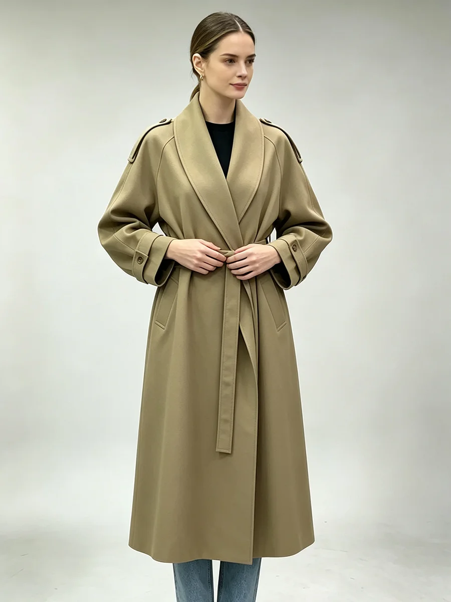 PUAL Women Lapel Long Trench Coat Open Front Belted Waist Epaulet Design Cuff Strap Loose Fit Solid Elegant  Windbreaker