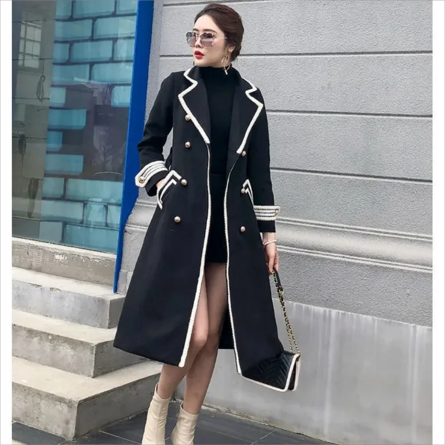 

2023Over Knee Coat Women's Mid Autumn and Winter Hepburn Style Thickened Slim Fit Black Double breasted Coat