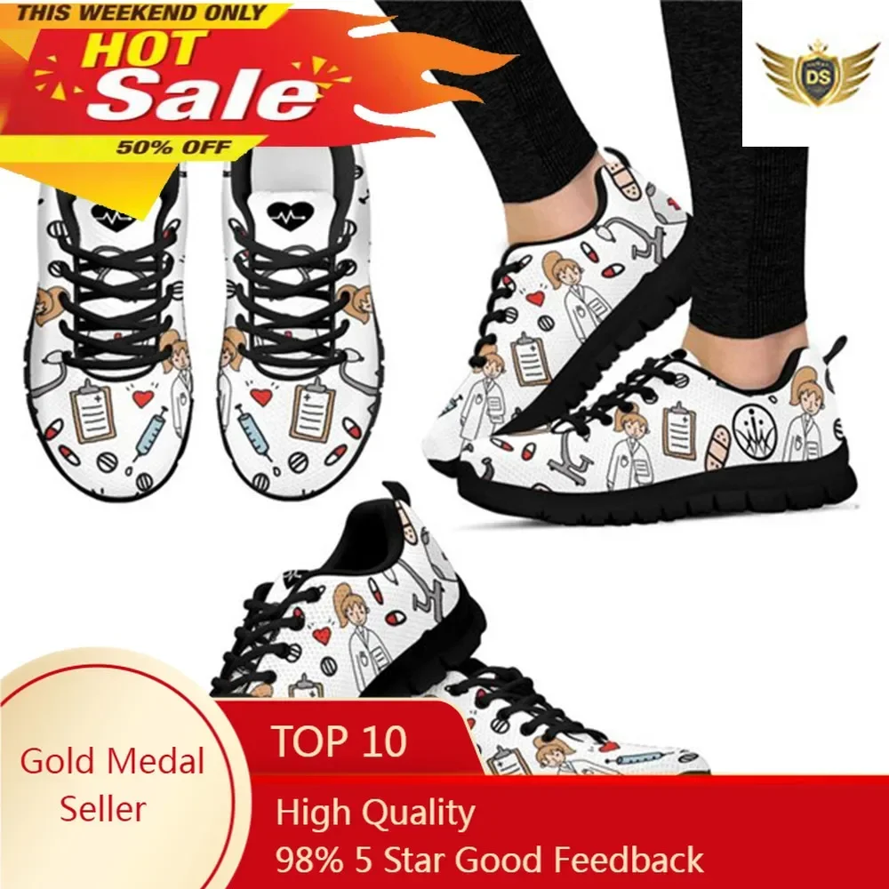 Cartoon Sketch Physio Print Flats Shoes Women Casual Mesh Summer Nurse Sneaker Light Lacing Footwear For Teen Girls