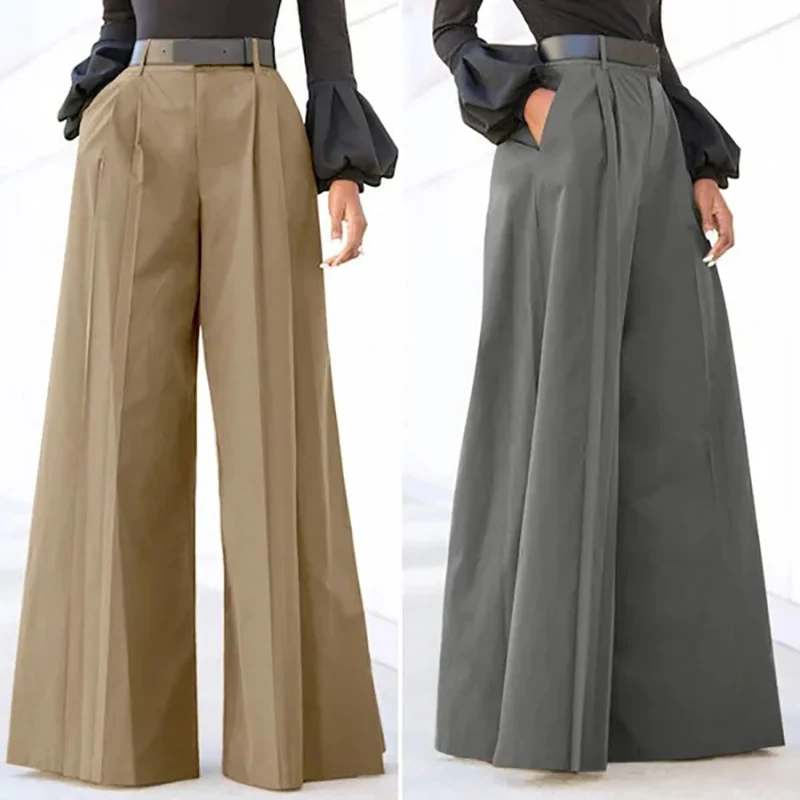 

Summer Classic Pants Women's Solid High Waist Elegant Casual Loose Wide Palazzo Pants OL Office Work Long Trousers Flare Pants