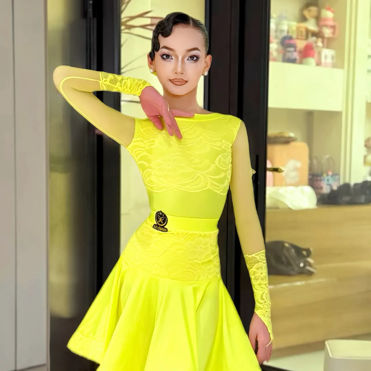 Fluorescent Yellow Ballroom Dance Professional Dress Girls Latin Dance Costume High End Modern Dancing Suits Stage Wear SL15685