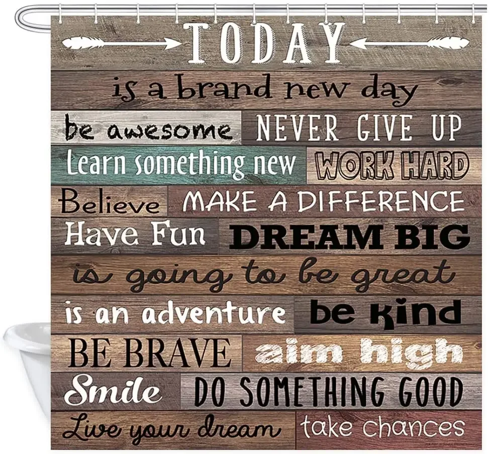 Motivational Funny Happiness Words Print on Rustic Barn Wooden Bath Curtain, Polyester Fabric Waterproof