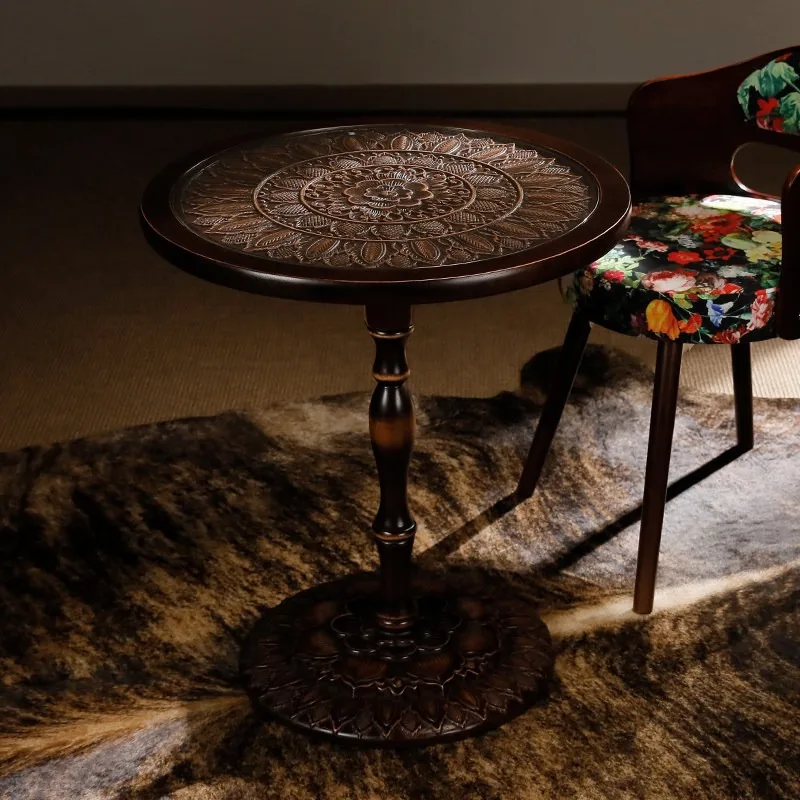 Meditation lotus small round table, new Chinese solid wood retro design living room small side table balcony coffee table