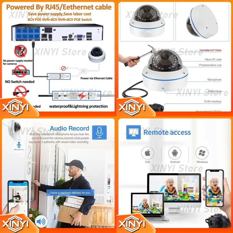 for 16CH NVR Kit 4K 8MP PoE Wired Dome Security Camera System H.265 Face Detection Turret CCTV 2x HDD 24/7 Recording Night