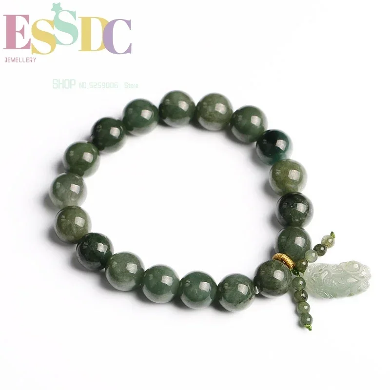 Natural Grade  Jade Round Beads With Hand-Carved Green ButtonMen And Women Adjustable Bracelet Lucky Jewelry