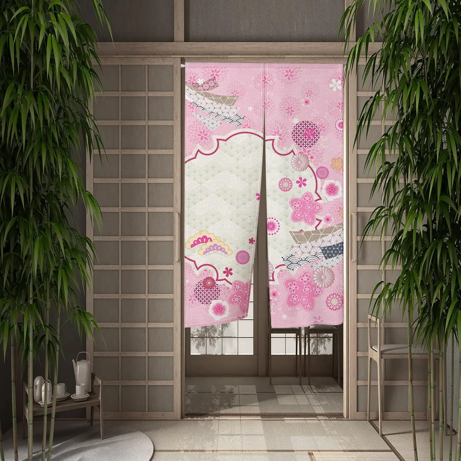 Traditional Japanese Noren Doorway Curtain Noren Japanese Style Pink Flowers Printed Tapestry Window Treatment for Ukiyoe Room