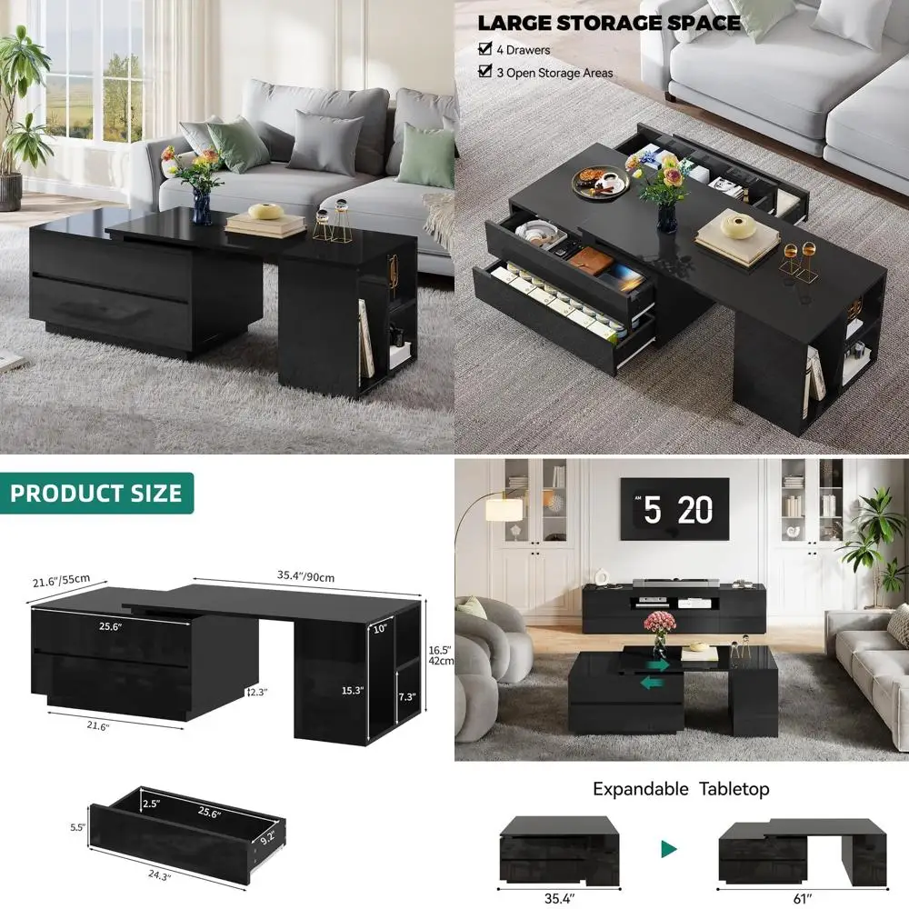 طاولة قهوة حديثة مستطيلة LED مع 4 أدراج، تخزين قابل للتمديد، أرفف مفتوحة، سطح منزلق، 35-61 لغرفة المعيشة/المنزل #1