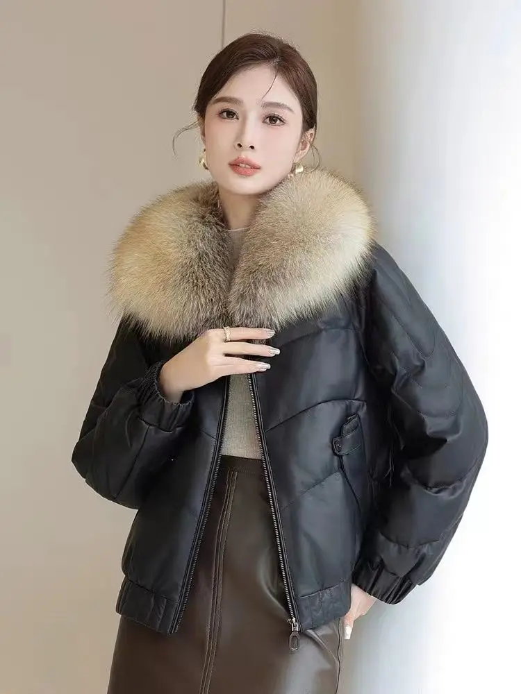 

High-quality Leather Down Jacket 2026 New Women's Sheepskin Black Leather Coat Winter Fur Collor Short Puffer Parkas Fur Outwear