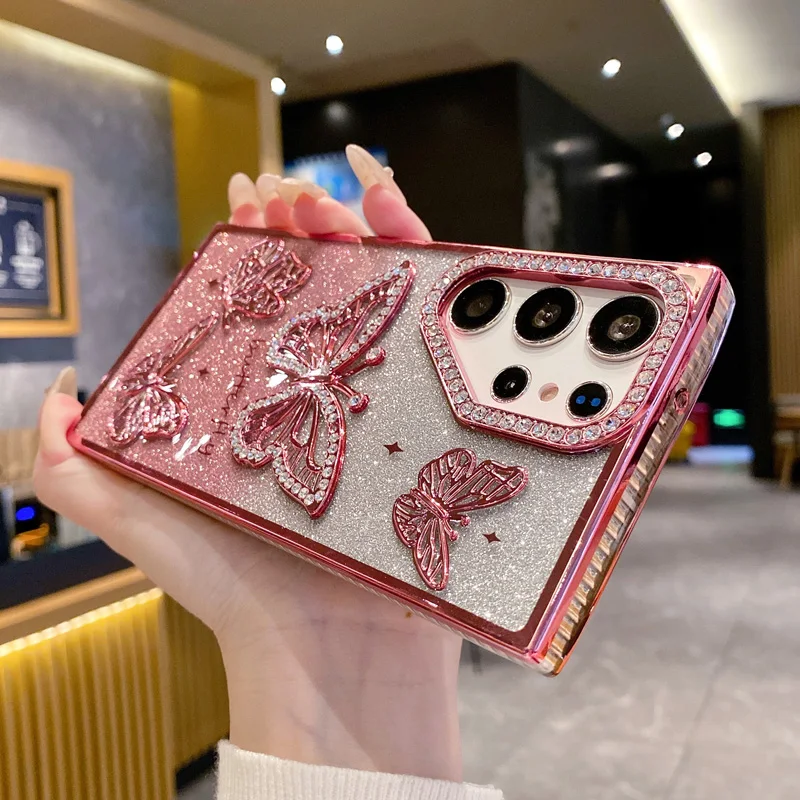 Capas de telefone borboleta brilhante para Samsung Galaxy S25 S24 Ultra S23 capa traseira de strass