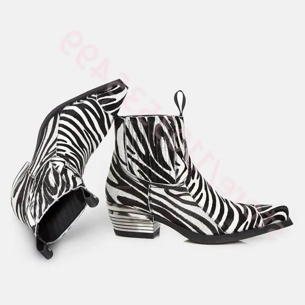 

Sexy Zebra Print Chelsea Boots Pointed Thick Heel Western 2026 Autumn New Street Fashion Party Casual Cowboy Boots 35-43