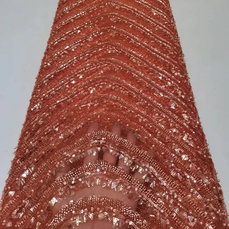 

French luxurious lace mesh fabric, African high-end striped beaded triangular sequined embroidered lace trim fabric